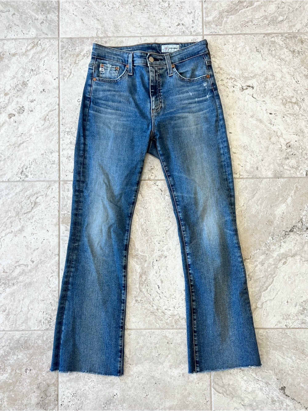 AG Adriano Goldschmied Farrah Boot High-Rise Fit Raw Hem Stretch Blue Jeans, 27